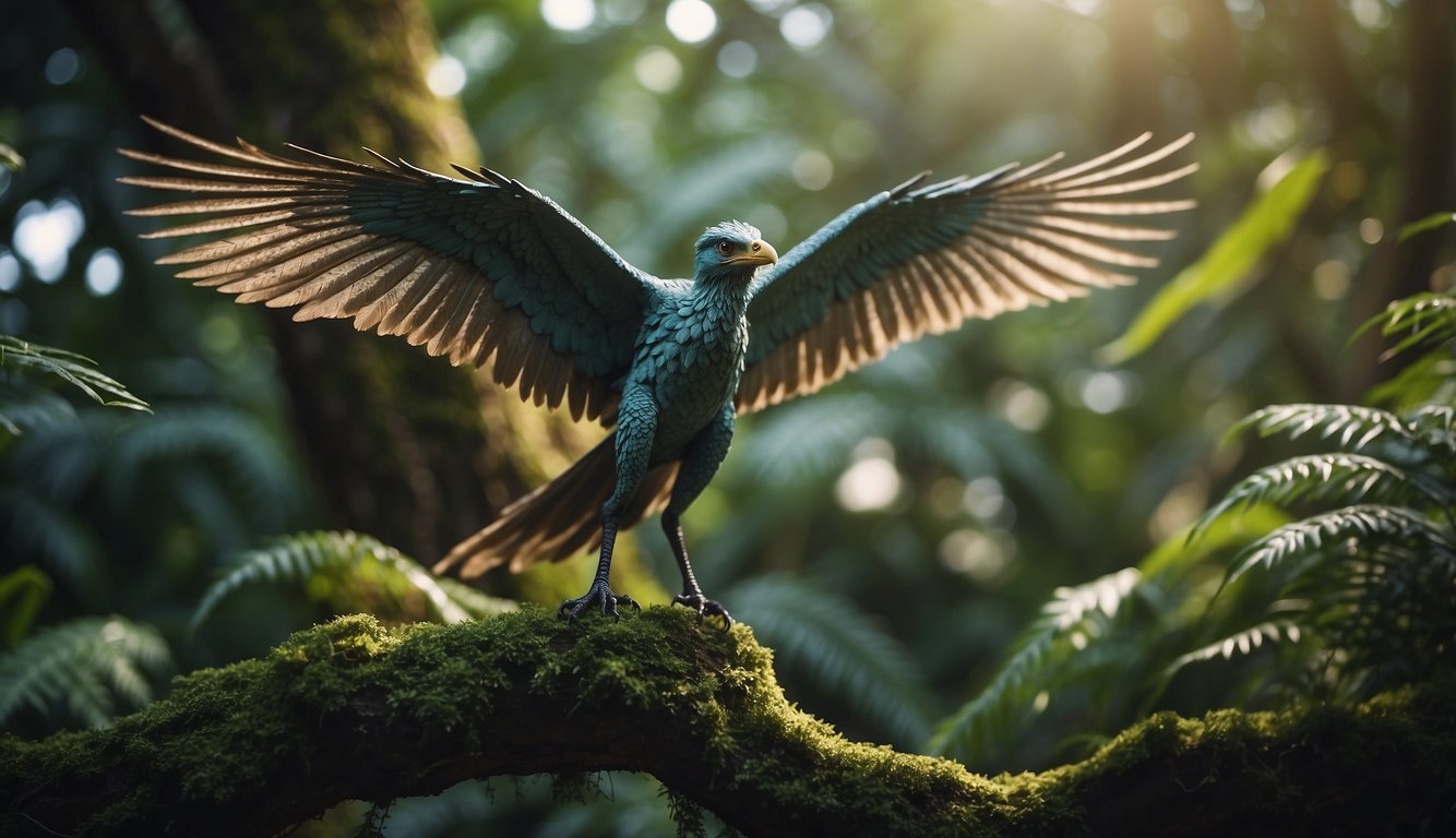 An Archaeopteryx perched on a tree branch, surrounded by lush prehistoric foliage, with a small dinosaur nearby