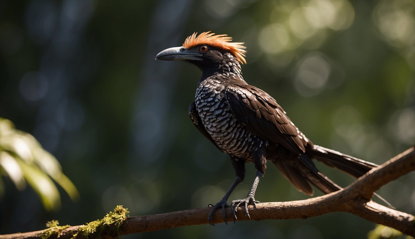 Anchiornis stands on a branch, feathers shimmering in the sunlight, its small frame resembling a modern bird