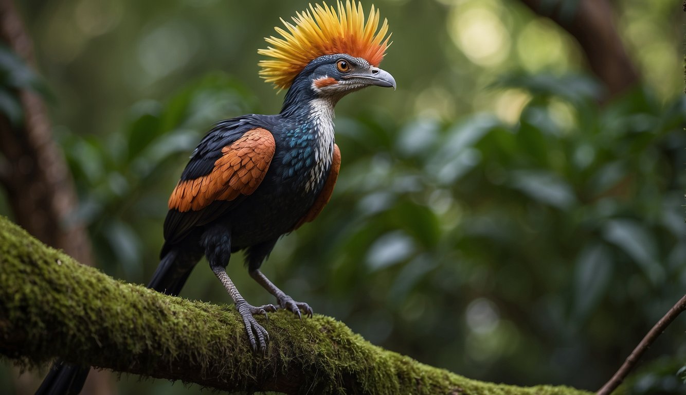 Anchiornis: small dinosaur with bird-like features, long feathers, and colorful plumage, perched on a tree branch in a lush prehistoric forest