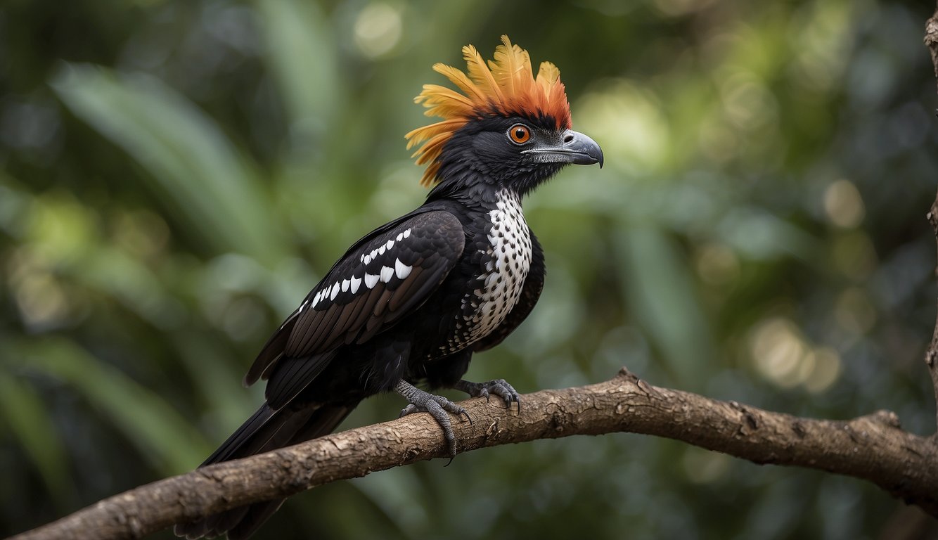 Anchiornis stands on a branch, feathers ruffled, ready to take flight.

Its small, bird-like frame and colorful plumage make it a unique and captivating sight