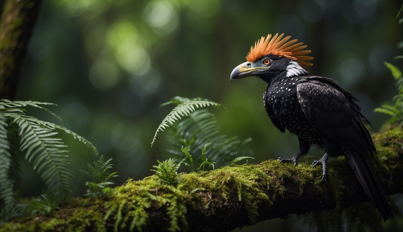Anchiornis perched on a branch in a lush prehistoric forest, surrounded by ferns and small reptiles.

Its feathered wings and colorful plumage stand out against the green backdrop