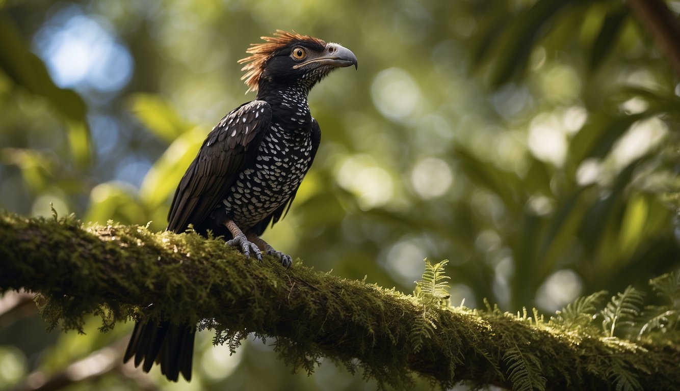 Anchiornis, small dinosaur with bird-like features, perched on a tree branch, feathers ruffled by the wind, surrounded by lush prehistoric foliage