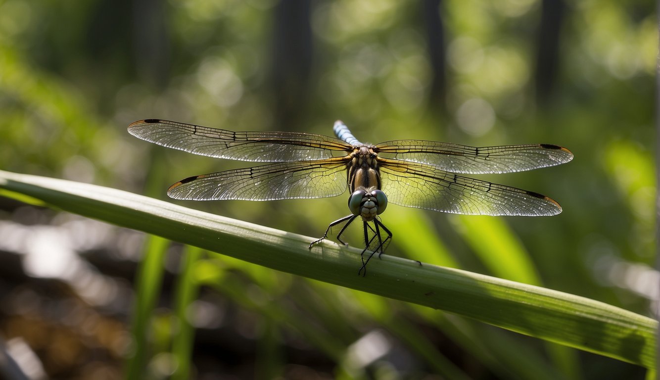 Giant Meganeura dragonflies hover over a lush prehistoric swamp, with their iridescent wings catching the sunlight as they hunt for smaller insects