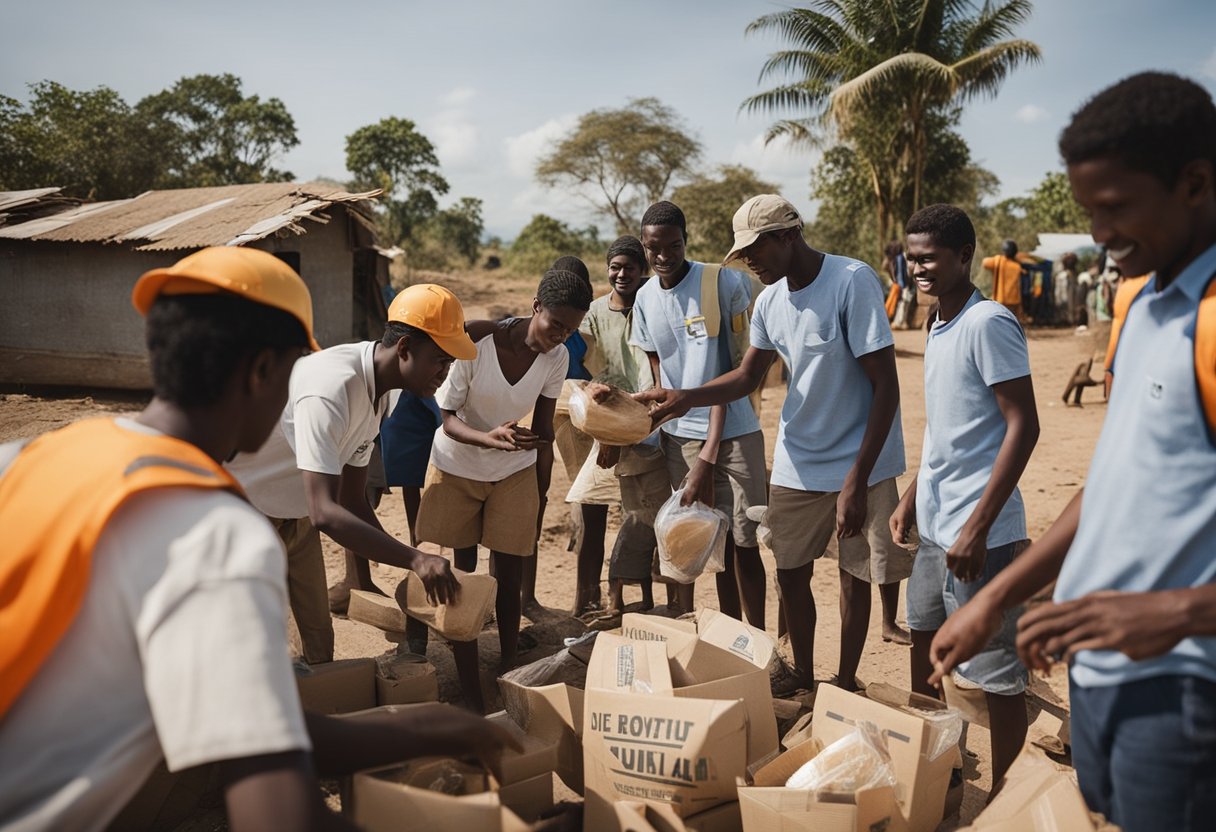 A group of volunteers distribute aid to a community, while others build sustainable infrastructure. The contrast highlights the potential impact of donations and charity voluntourism on local communities