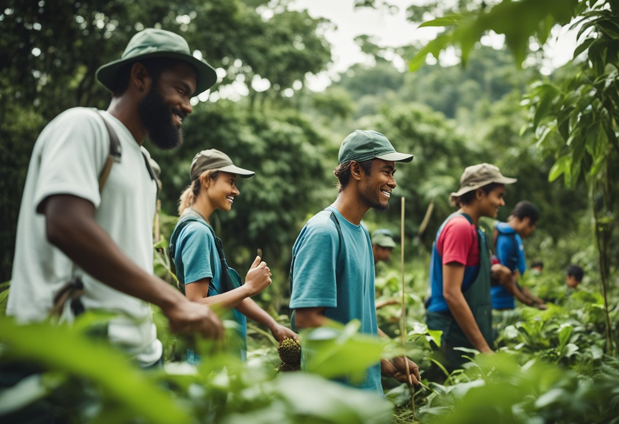 A group of volunteers work on a sustainable project in a rural community, surrounded by lush greenery and local wildlife
