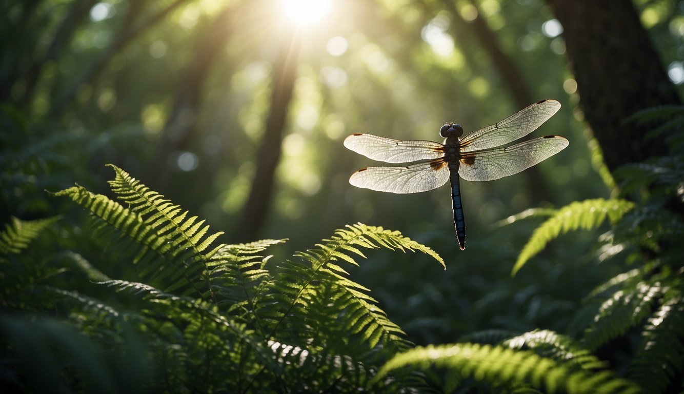 A lush prehistoric forest, with giant dragonflies flying among towering ferns and ancient trees.

The sun filters through the dense foliage, casting dappled light on the forest floor