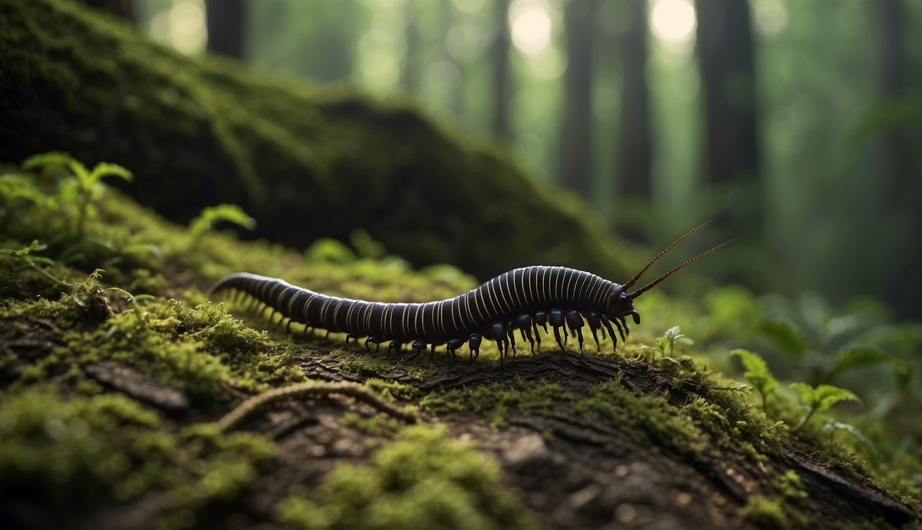 A massive Arthropleura millipede crawls through a lush Carboniferous forest, its segmented body and numerous legs creating a striking silhouette against the ancient flora