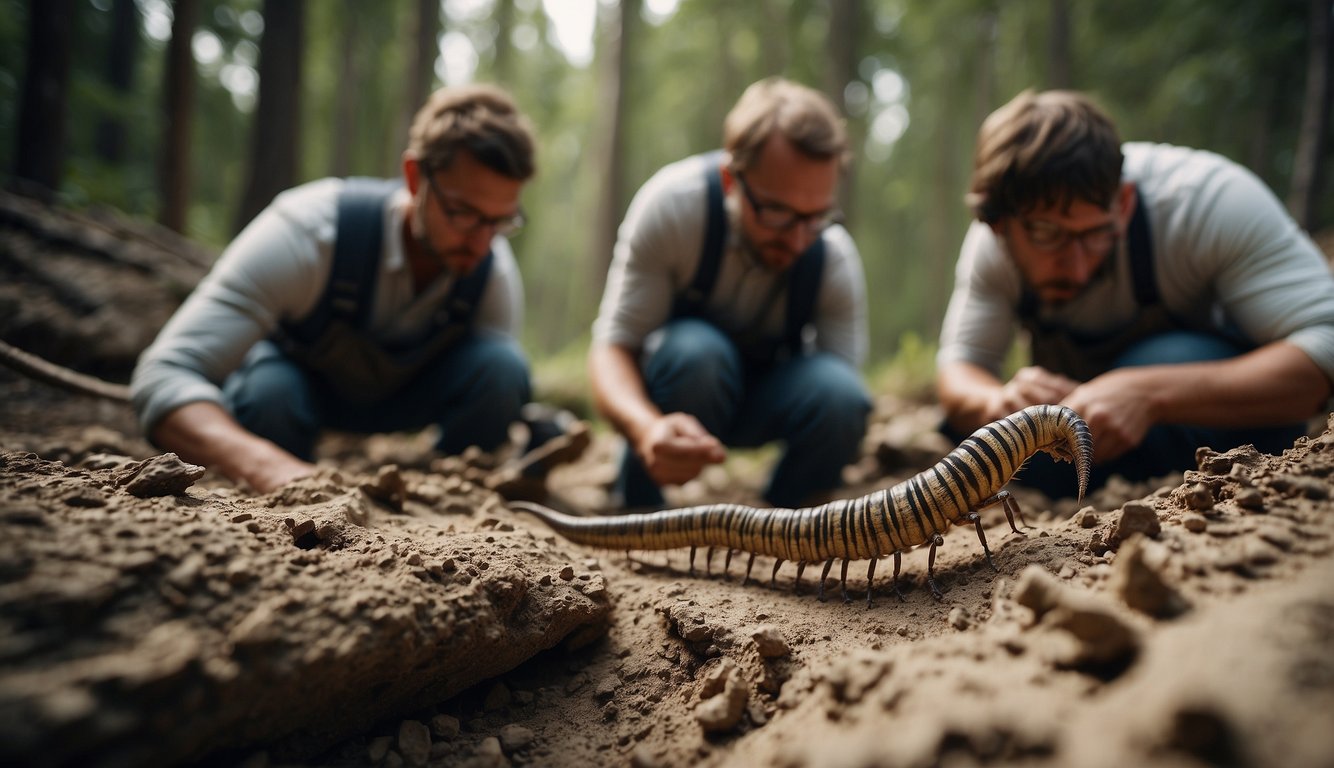 A team of paleontologists carefully excavates the fossilized remains of the Arthropleura, a massive millipede, from the ancient Carboniferous forest floor