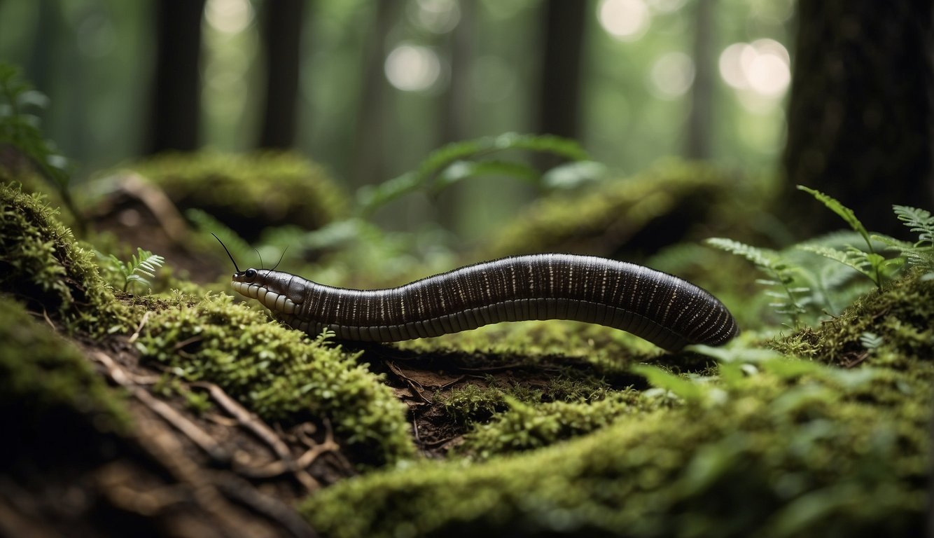 A dense Carboniferous forest with towering trees and lush vegetation, where a massive Arthropleura millipede crawls through the underbrush, leaving a trail of broken foliage in its wake