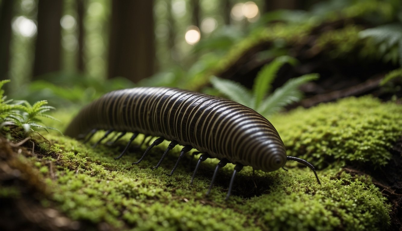 A massive Arthropleura millipede crawls through a dense Carboniferous forest, towering ferns and ancient trees surrounding it