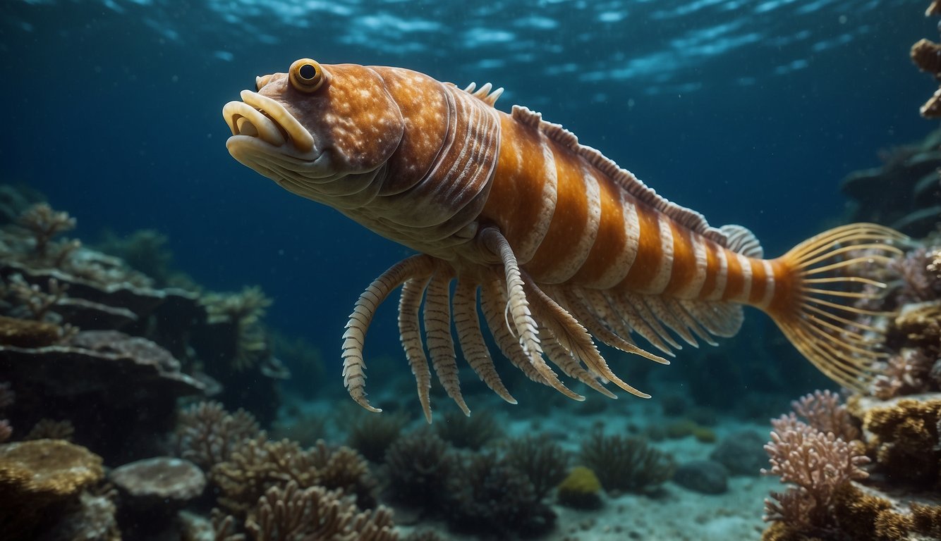 Anomalocaris swims through the vibrant waters of the Cambrian seas, its long, segmented body undulating gracefully as it searches for prey.
Its large, compound eyes scan the surroundings, while its formidable mouthparts are ready to seize its next meal