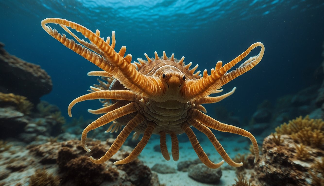 Anomalocaris swims through a vibrant Cambrian seascape, its large, segmented body undulating gracefully as it hunts for prey.
Its distinctive, fan-like appendages and large, compound eyes make it a formidable predator in this ancient world