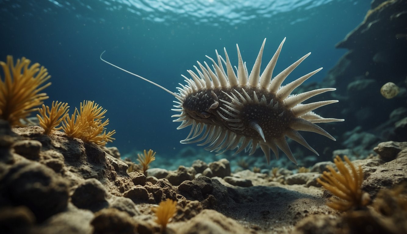 A spiky, worm-like creature, Hallucigenia, crawls across the ocean floor, surrounded by ancient marine flora and fauna of the Cambrian period