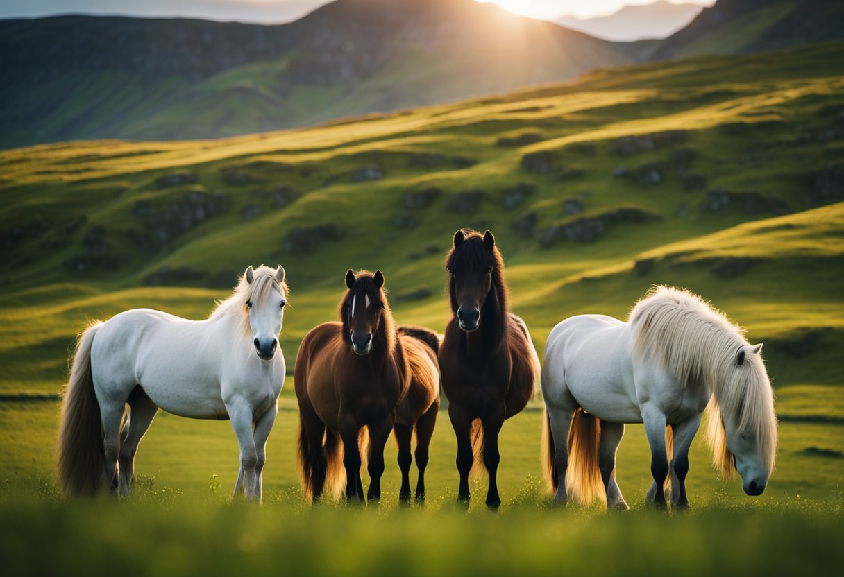A group of Icelandic horses stand in a lush green field, their unique and sturdy build on display. The sun sets behind the mountains, casting a warm glow over the peaceful scene