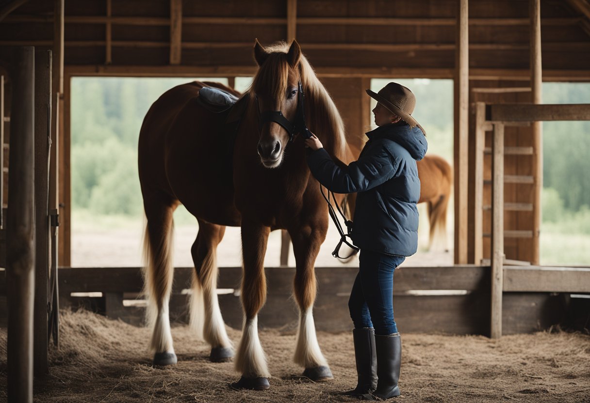 A person grooming a sleek, sturdy Icelandic horse in a peaceful, rustic barn setting. The horse stands calmly, with a gentle expression in its eyes