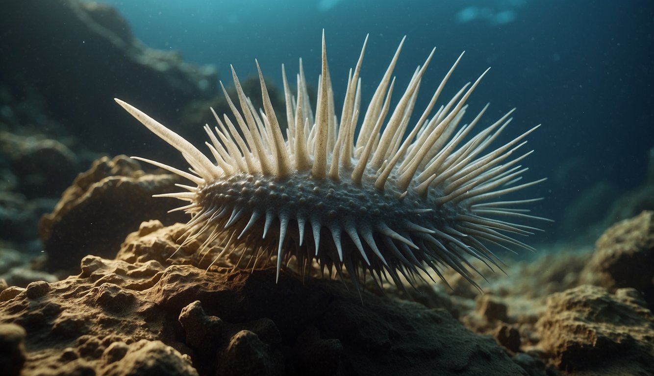 Hallucigenia's spiky body emerges from the ancient Cambrian sea, captivating scientists and artists alike with its enigmatic form and impact on science and culture