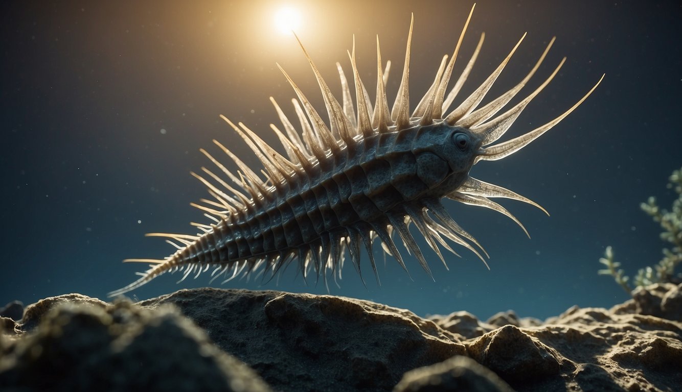 Hallucigenia, a spiky creature, roams the Cambrian seas.

Its long, slender body is covered in spikes, and it moves with a graceful and mysterious elegance
