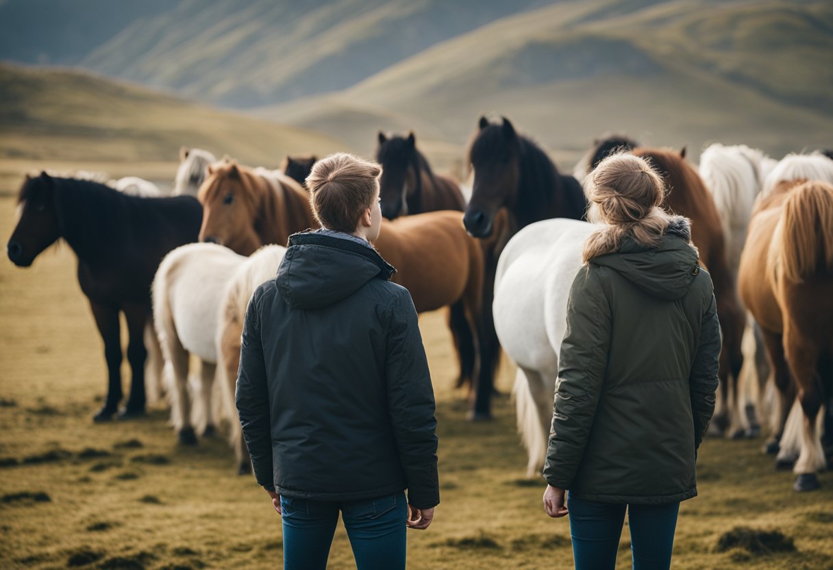 A person standing in front of a group of Icelandic horses, carefully examining each one before choosing their first one to own