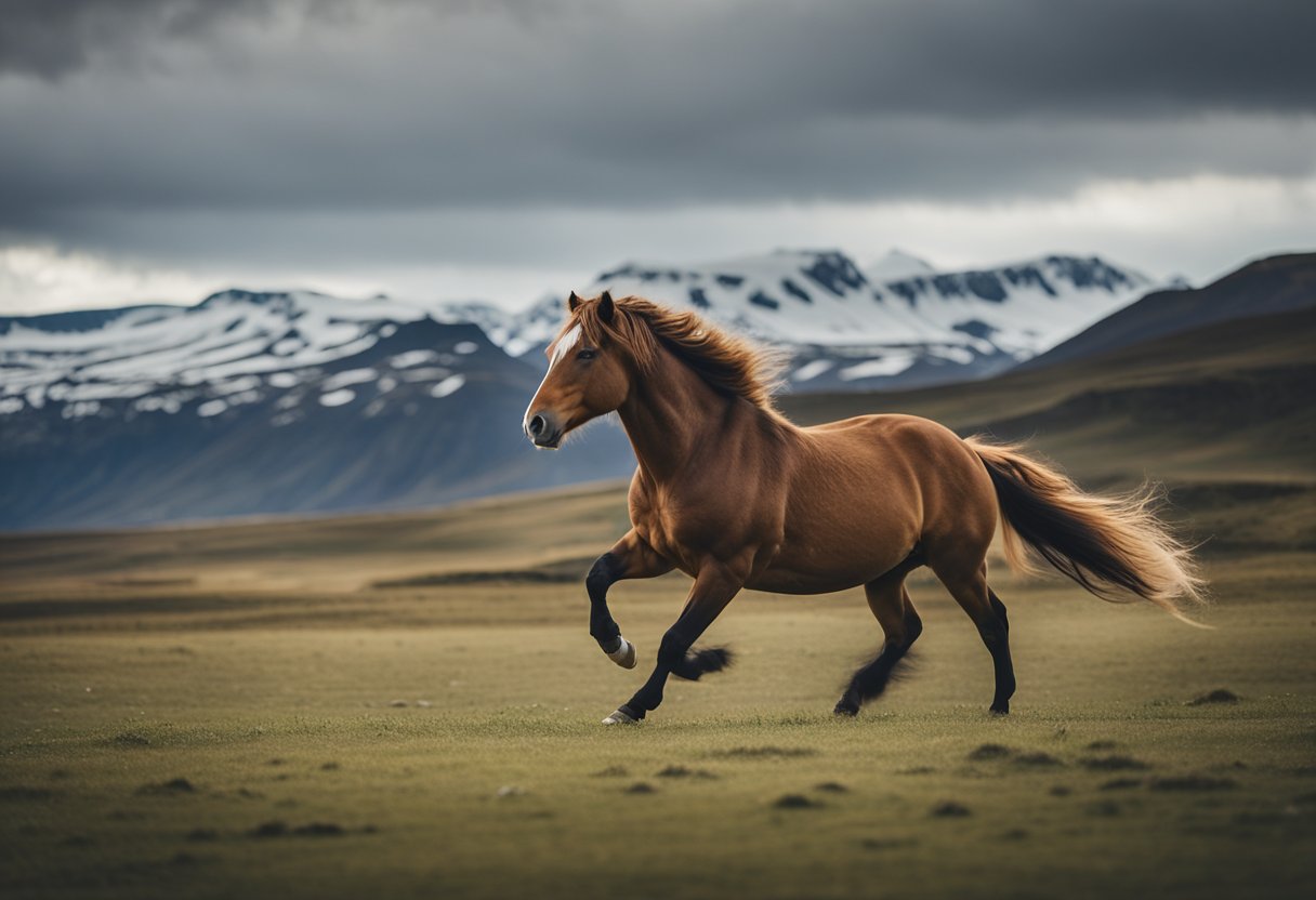 A majestic Icelandic horse galloping across rugged terrain, with a backdrop of mountains and a traditional Icelandic turf house in the distance