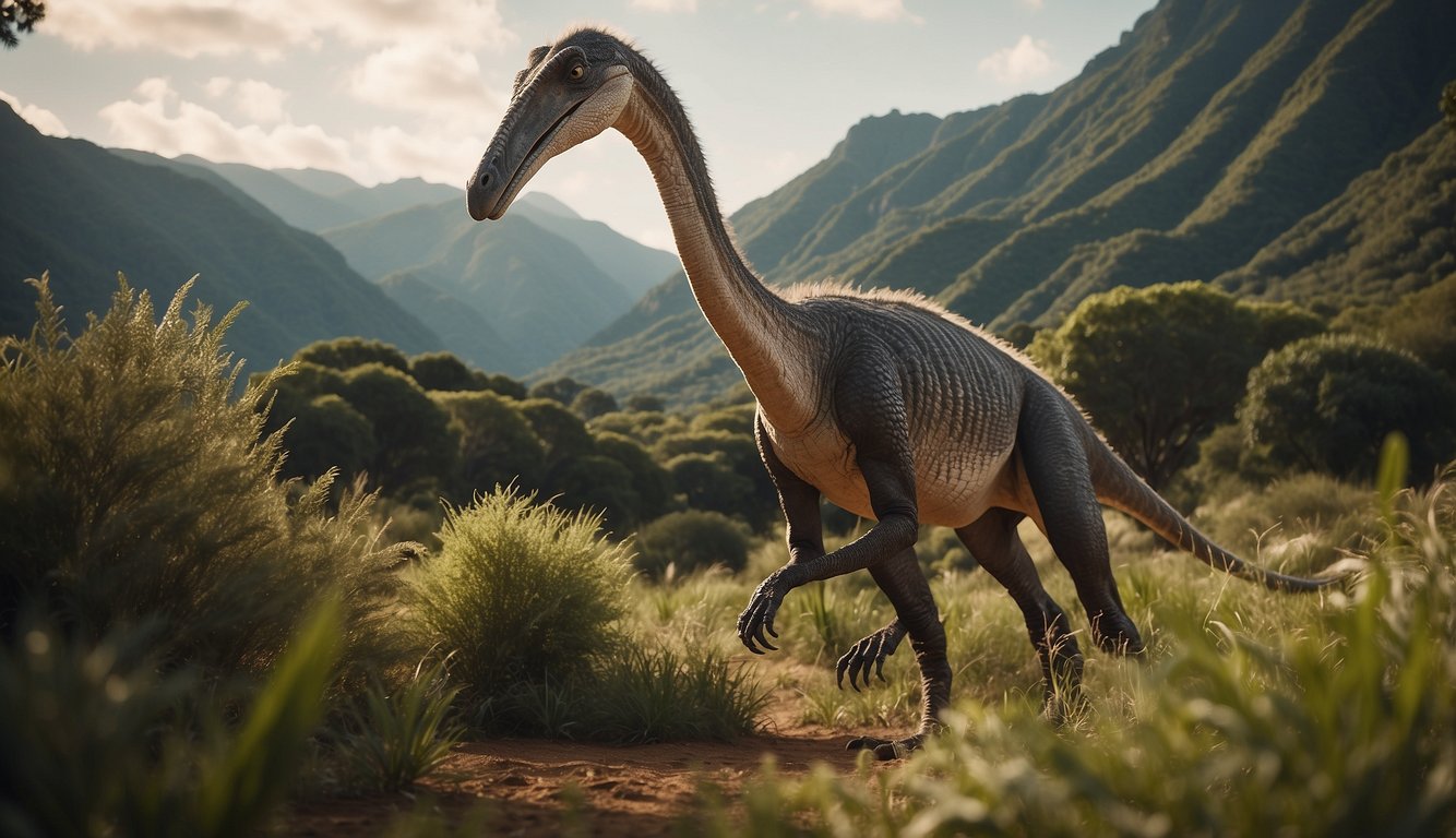 Deinocheirus roams the prehistoric landscape, its massive arms reaching out to graze on vegetation, towering over the surrounding flora