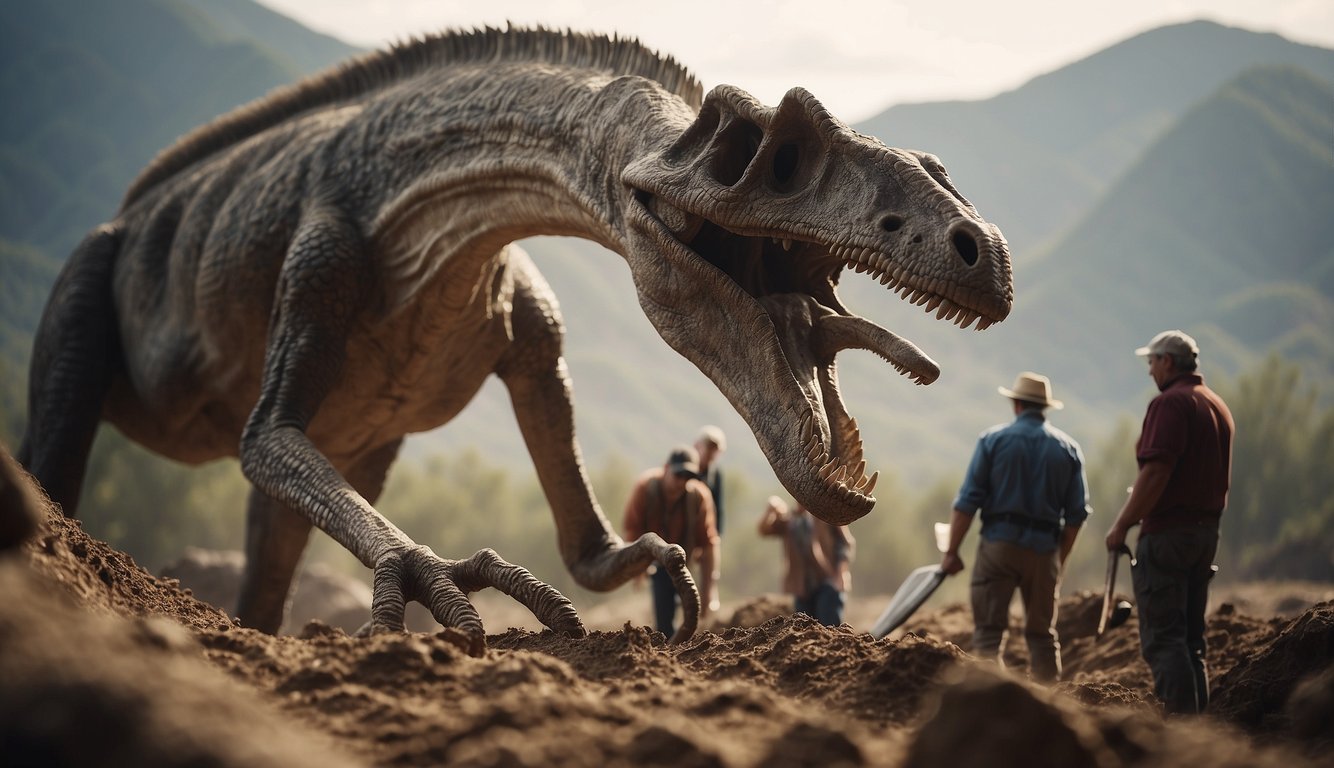 A team of paleontologists carefully brush away dirt to reveal the massive skeletal remains of Deinocheirus, its long arms stretching out in front of its body