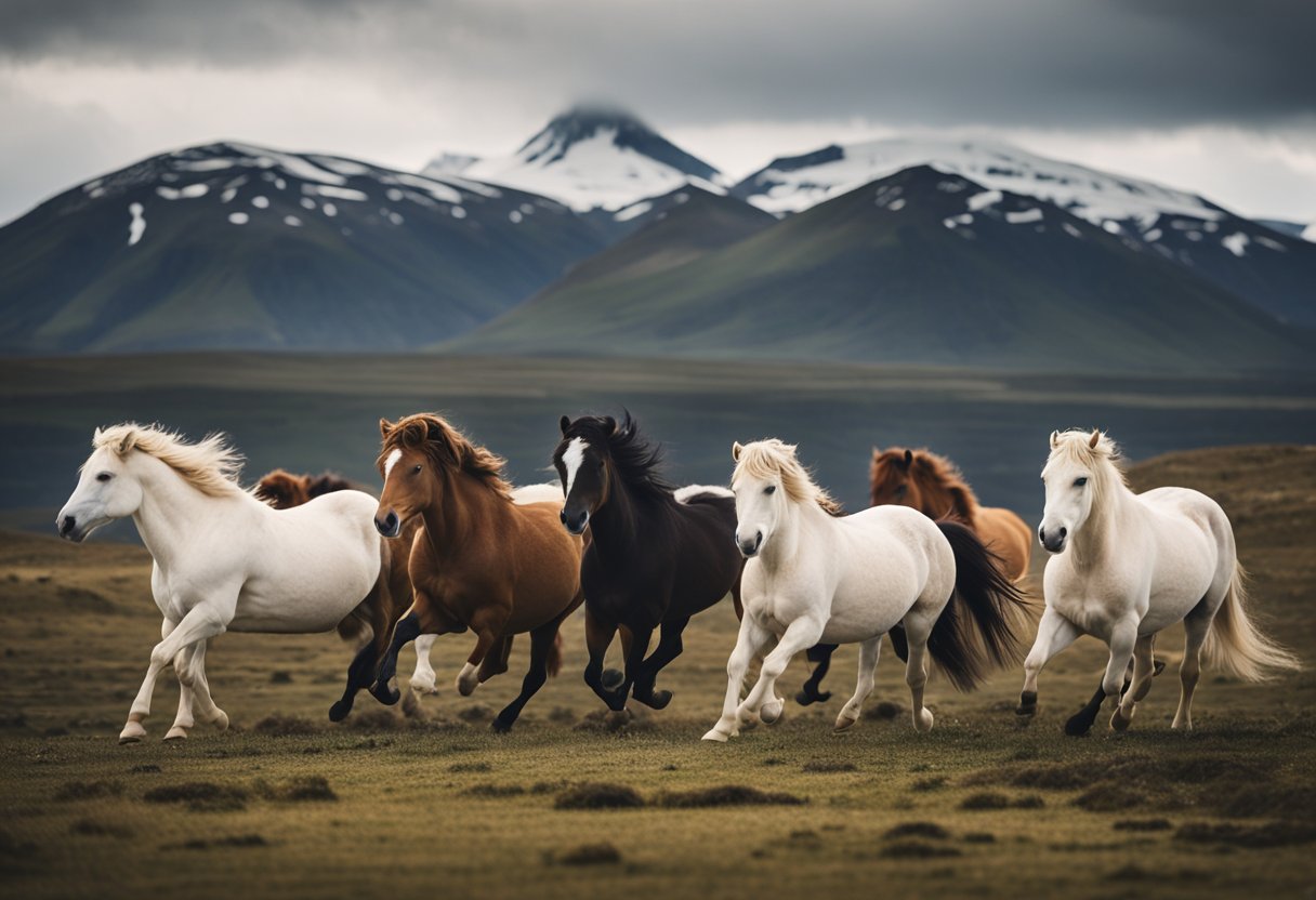 A herd of Icelandic horses galloping across a rugged landscape, with mountains in the background and a sense of ancient history in the air