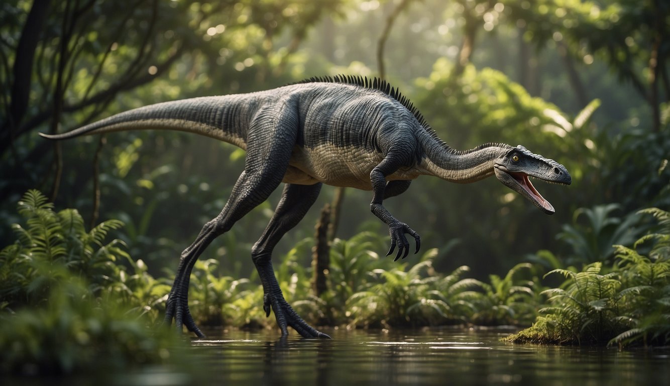 Deinocheirus roams the lush, swampy habitat, using its long arms to reach for vegetation and small prey.

The massive dinosaur moves gracefully through the dense foliage, blending in with its surroundings