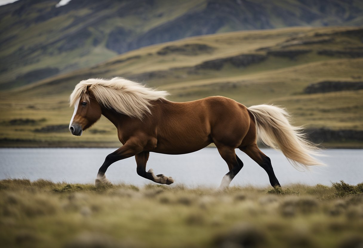 A majestic Icelandic horse galloping through a rugged landscape, with a flowing mane and strong, muscular build, showcasing its unique characteristics and history