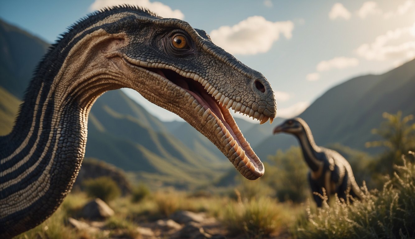 Deinocheirus faces predators and poachers in a prehistoric landscape.

Its giant arms loom large as it navigates the dangerous terrain