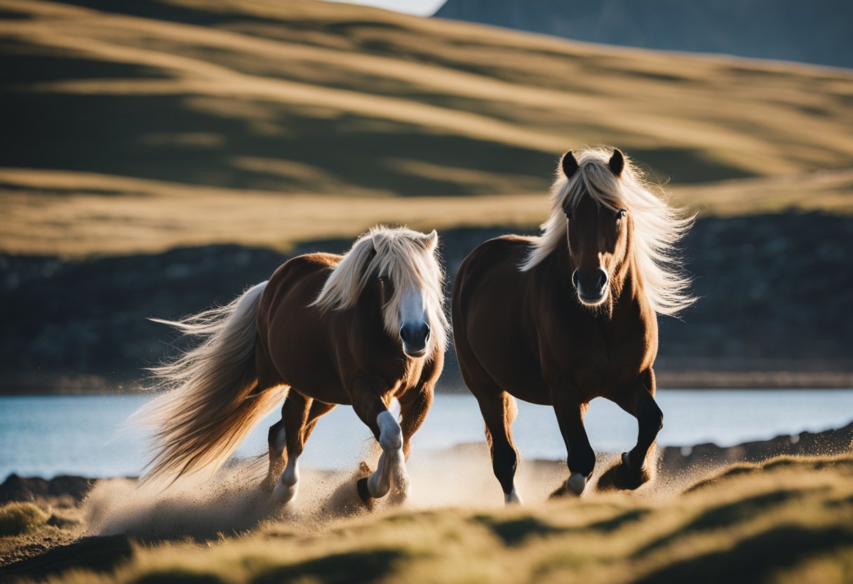 A majestic Icelandic horse gallops through a rugged landscape, its coat glistening in the sunlight as it navigates rocky terrain