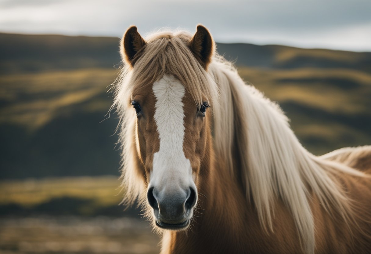 A majestic Icelandic horse stands proudly, showcasing its unique genetic heritage. The rugged landscape and wild beauty of the horse's natural habitat are evident in the background