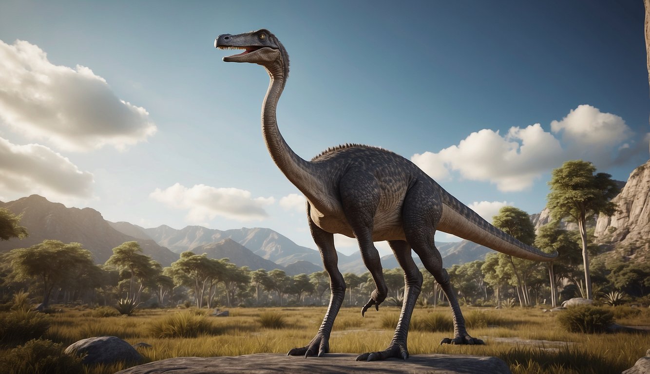 Deinocheirus stands tall, its massive arms outstretched.

Its long neck cranes forward, peering curiously at the world around it.

The dinosaur's powerful legs support its weight as it explores its ancient environment