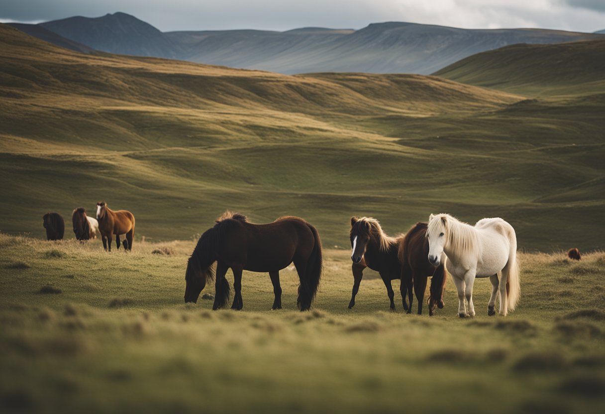A herd of Icelandic horses grazing in a rugged landscape, showcasing their evolutionary development