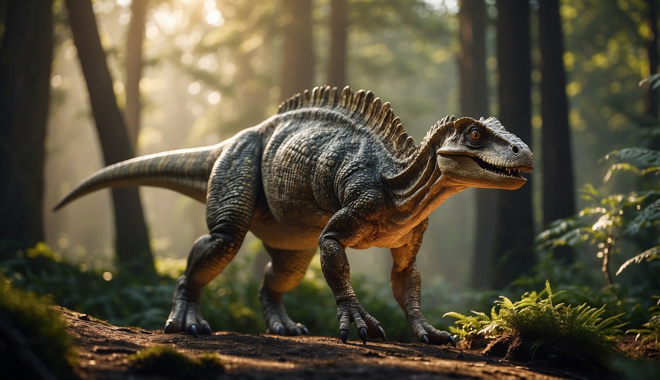 A Pachycephalosaurus stands tall, its thick skull prominent.

Sunlight filters through the prehistoric forest, casting dappled shadows on the dinosaur's rough scales