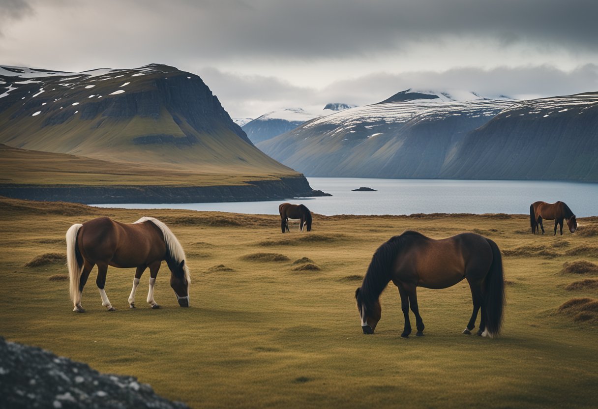 Islandic horses grazing in a rugged landscape, surrounded by mountains and fjords. A traditional turf-roofed Icelandic house in the background