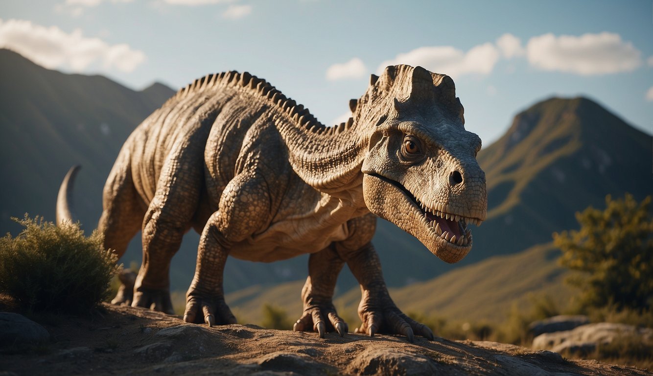 A Pachycephalosaurus stands in a prehistoric landscape, its unique dome-shaped skull towering above its body.

The dinosaur exudes strength and mystery