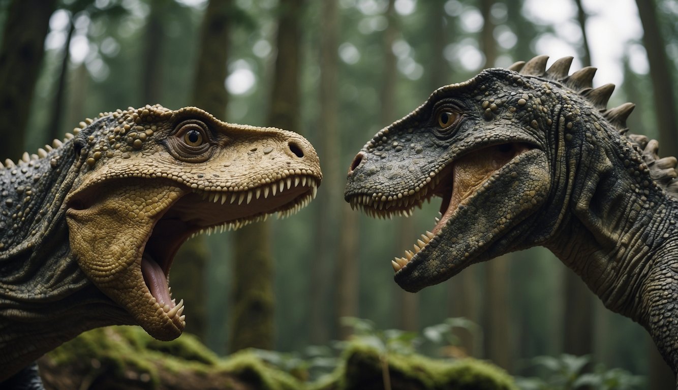 Pachycephalosaurus head-butting a rival for dominance in a prehistoric forest clearing