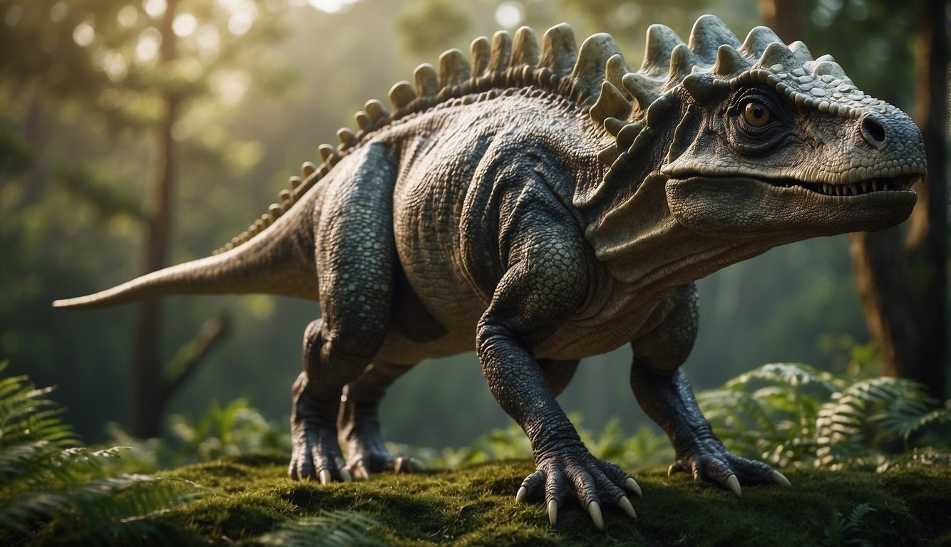 A Pachycephalosaurus stands tall, its thick skull prominent.

Surrounding foliage suggests a prehistoric landscape