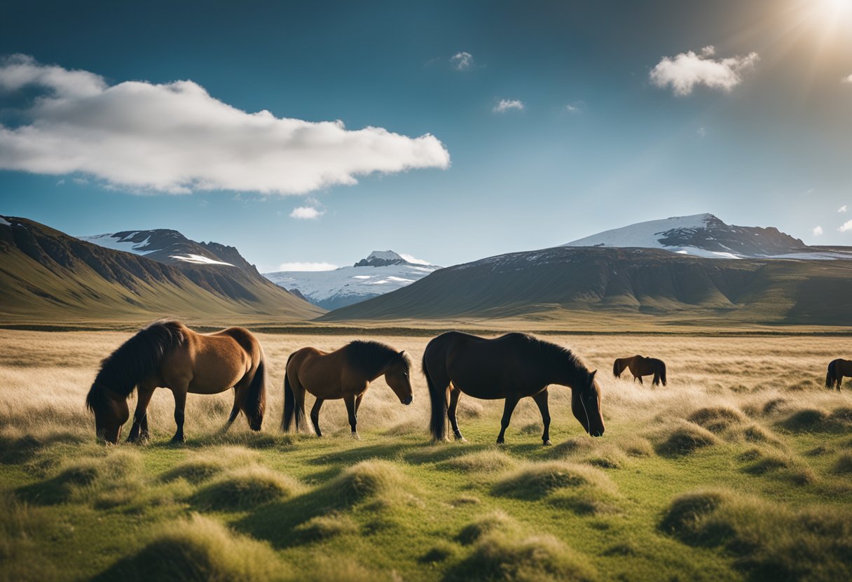 A serene landscape with Icelandic horses grazing in a lush meadow, surrounded by mountains and a clear, blue sky