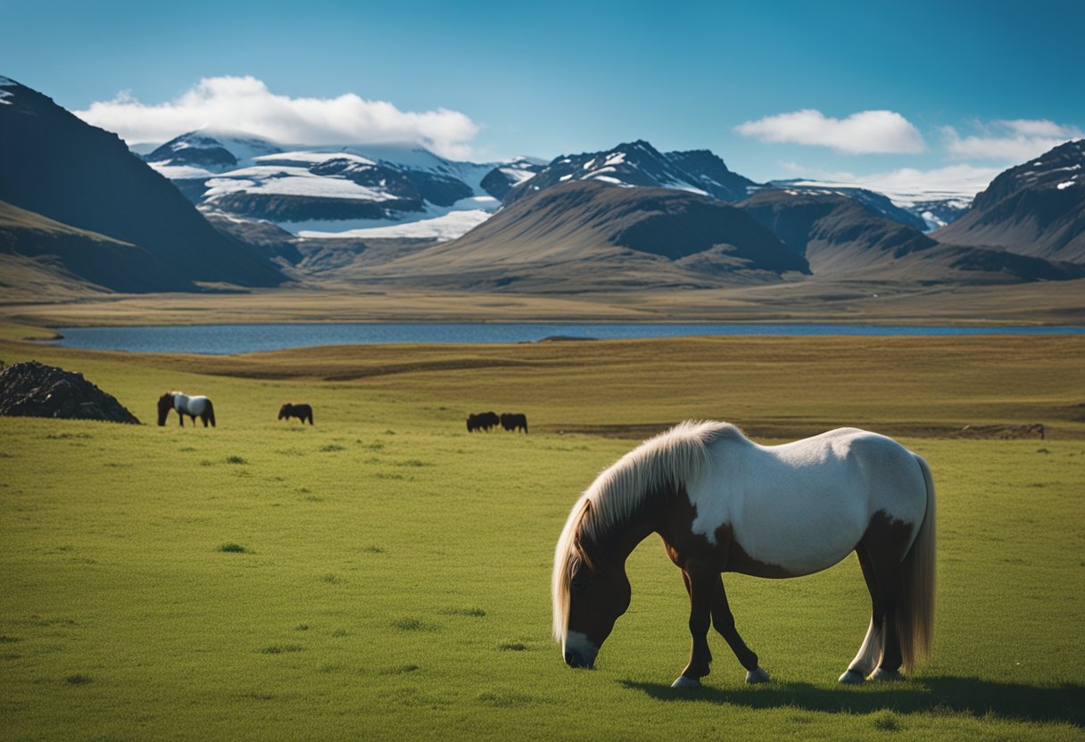 A serene Icelandic horse grazing in a lush green meadow, with a backdrop of snow-capped mountains and a clear blue sky