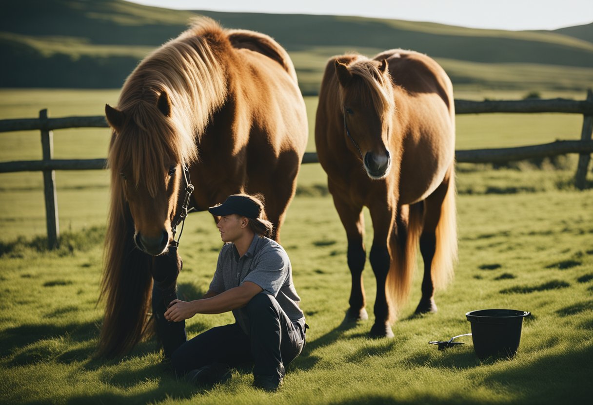 A sunny pasture with an Icelandic horse being groomed and cared for by a handler