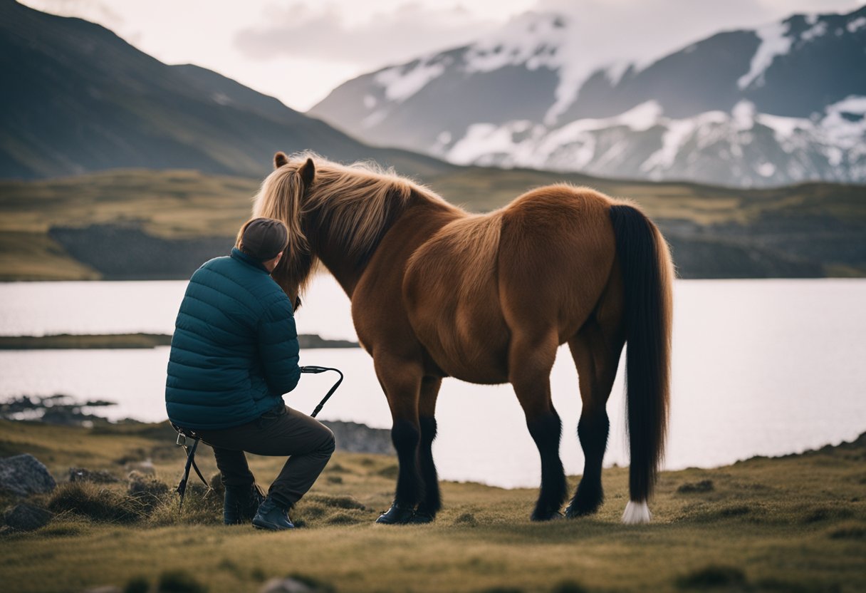 An Icelandic horse being groomed and cared for in a serene, natural setting