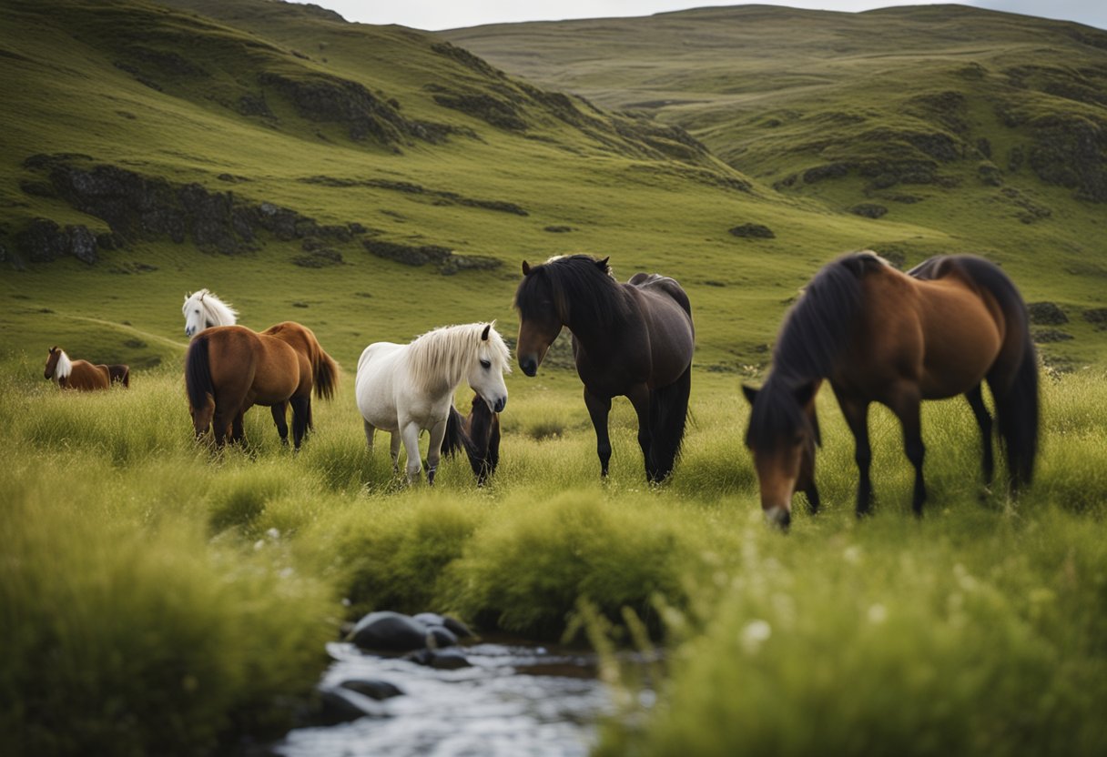 A group of Icelandic horses grazing on a variety of grasses, herbs, and mosses in a lush and diverse landscape, with a clear stream running through the background