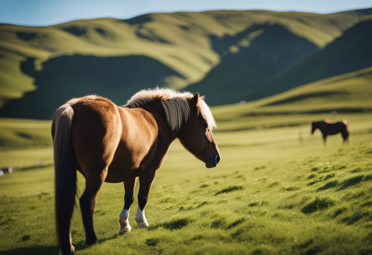 An Icelandic horse grazing in a lush, green pasture surrounded by mountains under a clear blue sky