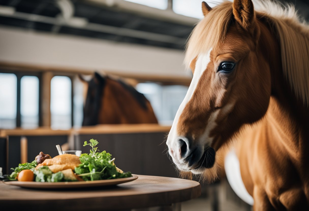 An Icelandic horse eating from a balanced diet plan, with specific feeding recommendations displayed in the background