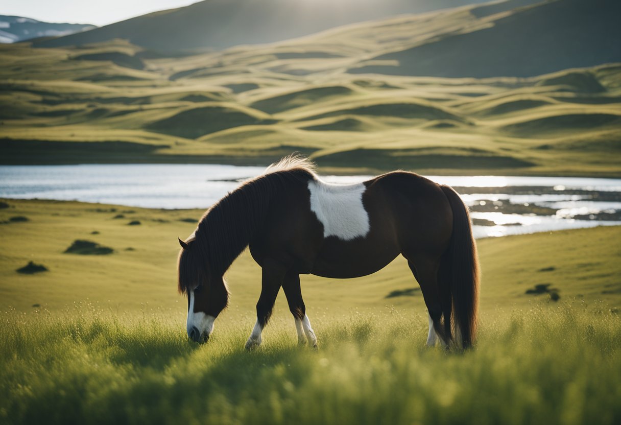 A healthy Icelandic horse grazing in a lush green pasture, with a clear blue sky and a gentle breeze