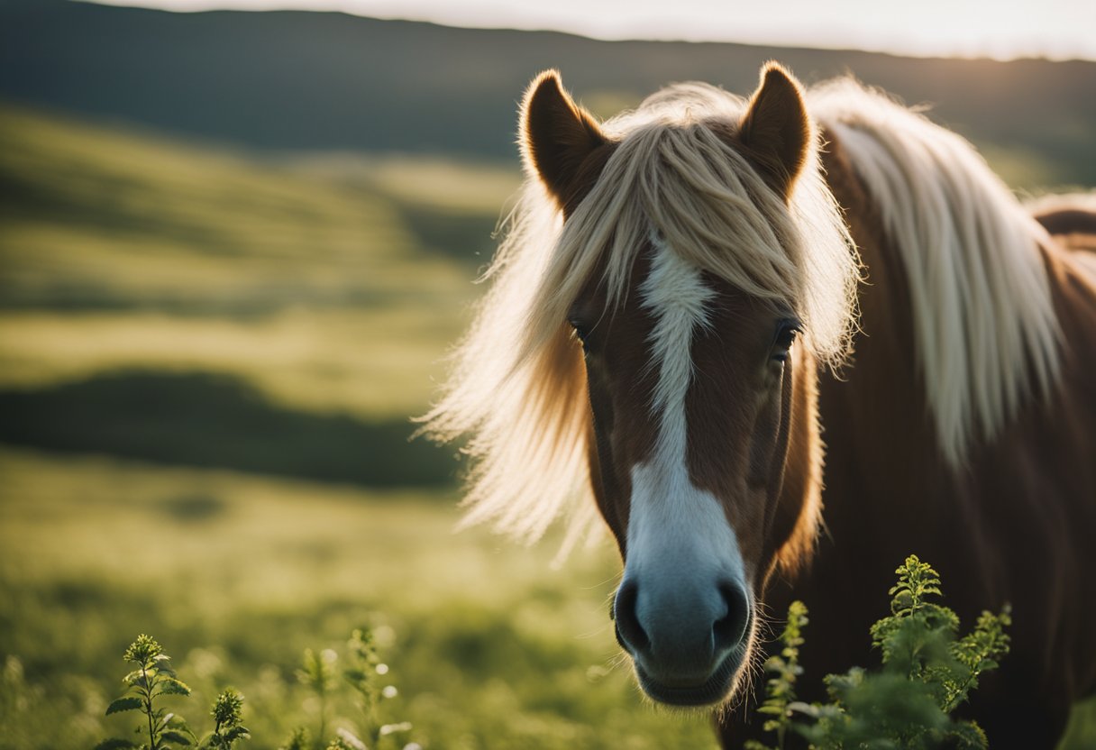 A healthy Icelandic horse grazing in a lush green field, with a shiny coat and alert expression, showcasing the importance of understanding and preventing common diseases