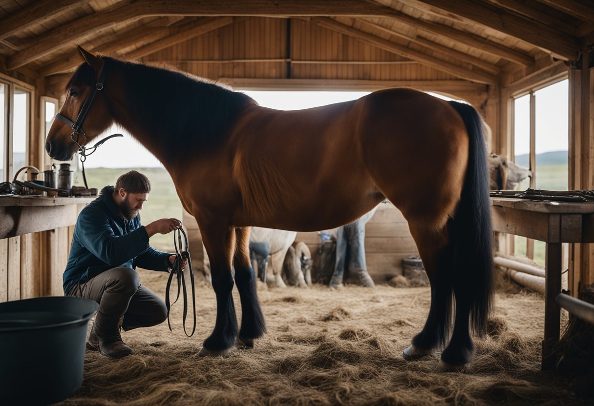 An Icelandic horse getting its hooves trimmed and cared for by a farrier in a rustic barn setting