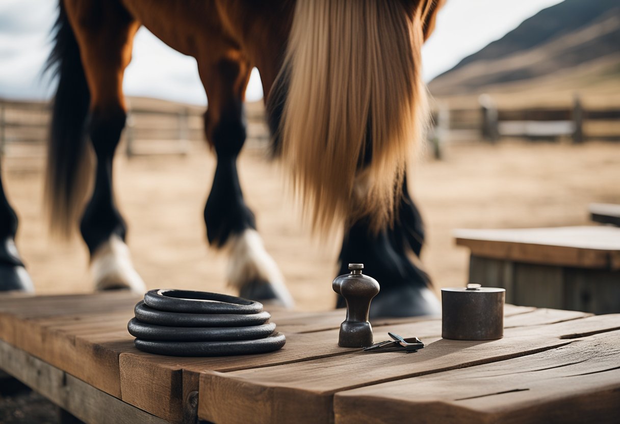 An Icelandic horse stands on a wooden platform as a farrier trims and shapes its hooves. Tools and equipment for hoof care are scattered around the area