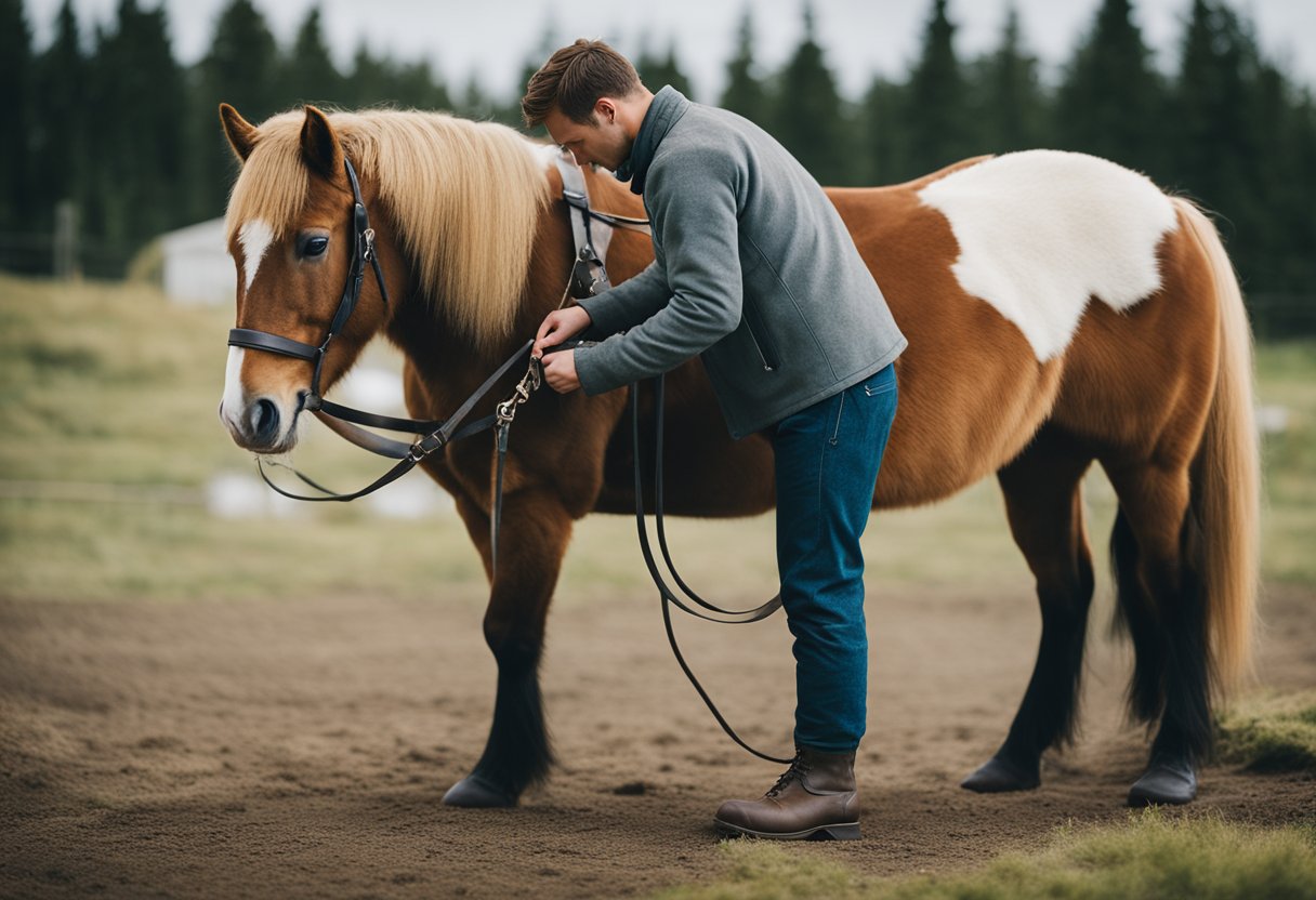 An Icelandic horse being groomed and shoed by a farrier